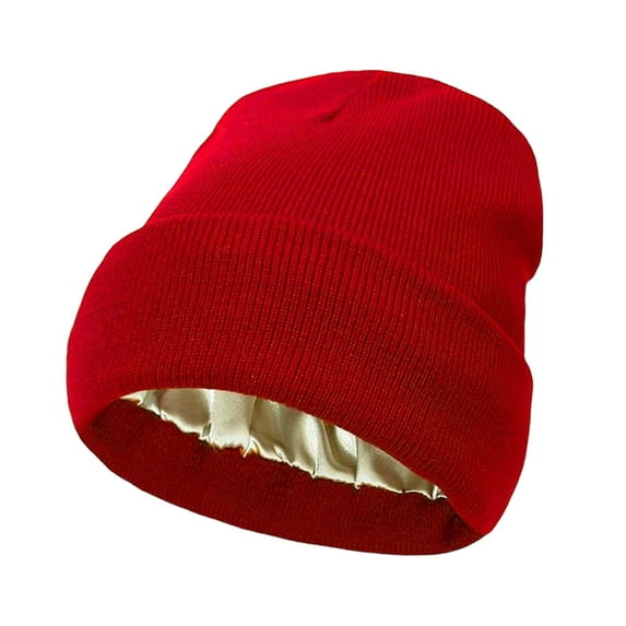 DAMAI Womens Satin Lined Knit Beanie Hat, Unisex Satin Lined Plain Blank Long Knitted Cuff Beanie Cap, Winter Hats for Women Men Silk Lining Soft Slouchy Warm Cuffed Beanie Hat(Red)