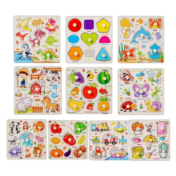 DAMAI Wooden Peg Puzzles, Montessori Toddler Puzzles for ages 1-3, Fine Motor Skill LearningPuzzles toys for Baby Boys Girls Gifts, Farm,Sea Animal, Dinosaurs, Fruits, Animals