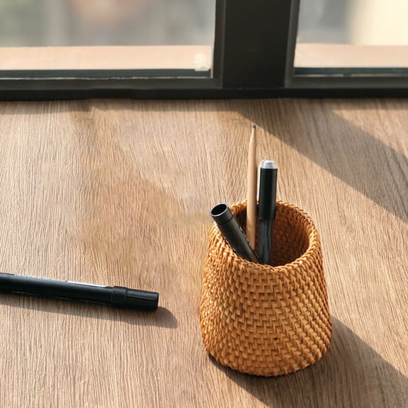 DAMAI Woven Rattan Pen Holder, Handmade Desk Organizer Basket,Multi-Functional Pencil Cup & Decorative Flower Vase for Office & Home