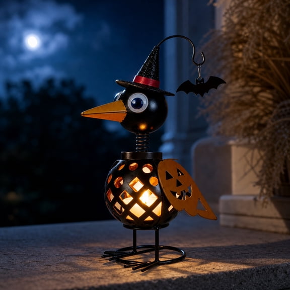 DAMAI Wrought Iron Crow and Pumpkin Ornament, Spring Connected Head Sculpture Candle Holder Witch Hat & Hanging Bat,Spooky Halloween Metal Decoration for Indoor Outdoor Home Patio Desktop