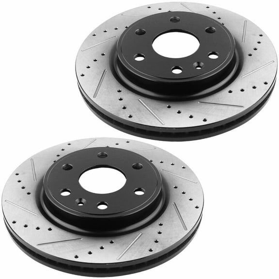 DAMAIJOY 2pcs Disc Brake Rotor Set Front Rear Left and Right Side Black Electrolysis E-Coating Silver Zinc Dichromate Ceramic Drilled and Slotted FDBRF222CTGA3