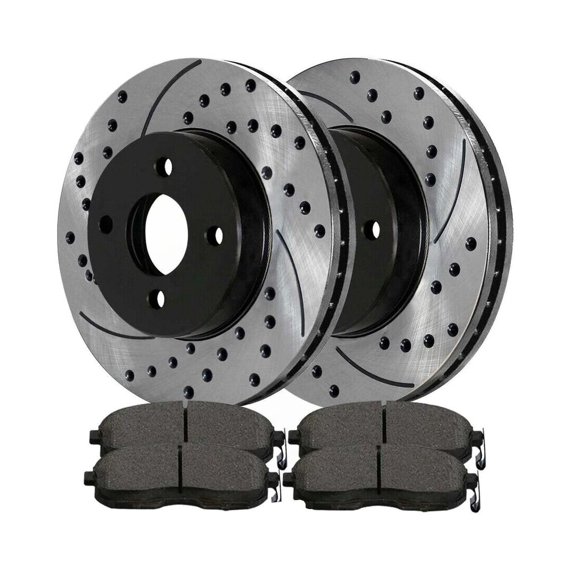 DAMAIJOY 4pcs Ceramic Brake Pad Set 2pcs Drilled and Slotted Rotors Kit Front Side Black Drilled and Slotted for Nissan for Cube 2009-2010 for Sentra 2007-2012