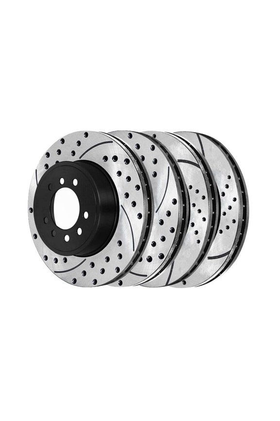 4pcs Disc Brake Rotor Set Kit Front Rear Left and Right Side Black Electrolysis Coated Steel Drilled and Slotted V8 for CTS 03-07 for STS 05-08 for Seville 03-04
