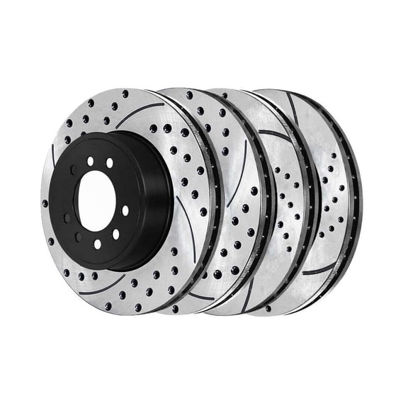 DAMAIJOY 4pcs Disc Brake Rotor Set Kit Front Rear Left and Right Side Black Electrolysis Coated Steel Drilled and Slotted V8 for CTS 03-07 for STS 05-08 for Seville 03-04