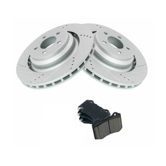 DAMAIJOY 4pcs Rear Coated Ceramic Semi-Metallic Brake Pad Set 2pcs Rear Disc Drilled Slotted Brake Rotors Kit for Challenger 08-17 for Charger 06-10 12-17 for Magnum 06-08 300 05-10
