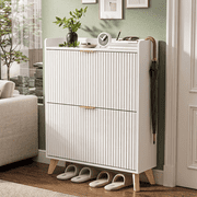 DAMCROP Slim Shoe Storage Cabinet, 2 Flip Drawers, Wooden Organizer, White