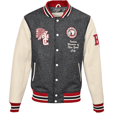 BLUE WELLFORD DAN Men's Leather and wool jacket in Gray and Offwhite Long sleeves Ribbed cuffs and waist Embroidered badges Embroidery 2 side pockets Front press stud fastening