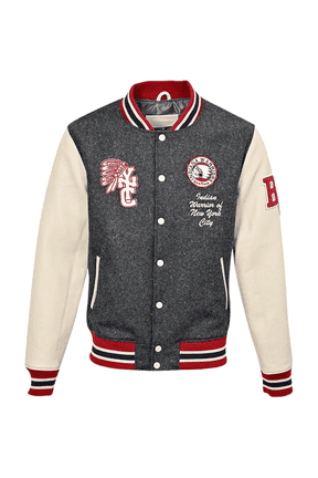 DAN Men's Leather and wool jacket in Gray and Offwhite Long sleeves Ribbed cuffs and waist Embroidered badges Embroidery 2 side pockets Front press stud fastening