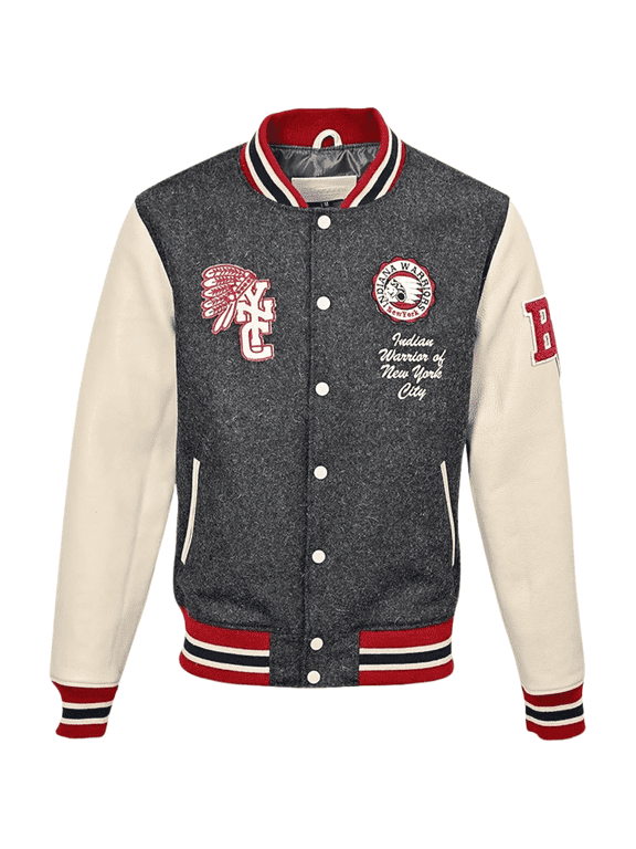 DAN Men's Leather and wool jacket in Gray and Offwhite Long sleeves Ribbed cuffs and waist Embroidered badges Embroidery 2 side pockets Front press stud fastening