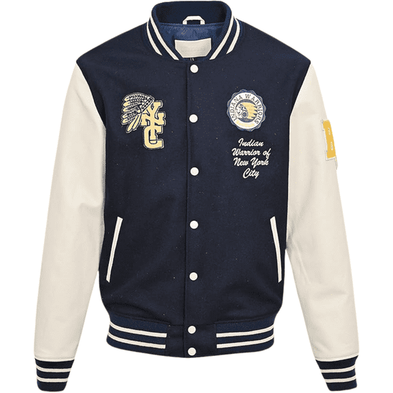 BLUE WELLFORD DAN Men's Leather and wool jacket in Navy and Offwhite Long sleeves Ribbed cuffs and waist Embroidered badges Embroidery 2 side pockets Front press stud fastening