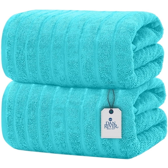 Dan River Bath Sheet Towels Performance Texture 2 pack 35x70 in XX-Large Ribbed Stripe Cotton Towel for Bath - Aqua