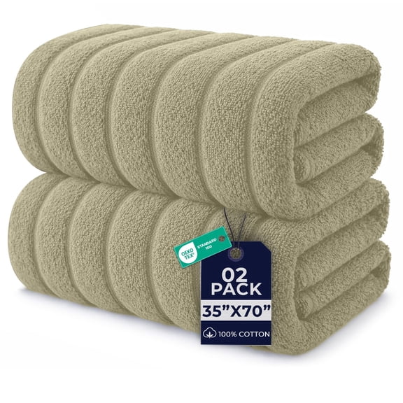Dan River Bath Sheet Towels Performance Texture 2 pack 35x70 in XX-Large Ribbed Stripe Cotton Towel for Bath - Beige