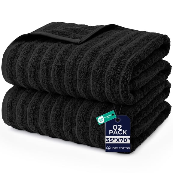 Dan River Bath Sheet Towels Performance Texture 2 pack 35x70 in XX-Large Ribbed Stripe Cotton Towel for Bath - Black