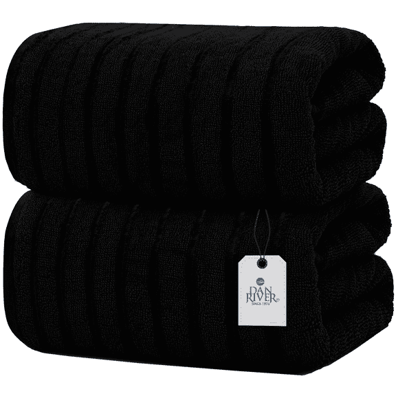 Dan River Bath Sheet Towels Performance Texture 2 pack 35x70 in XX-Large Ribbed Stripe Cotton Towel for Bath - Black