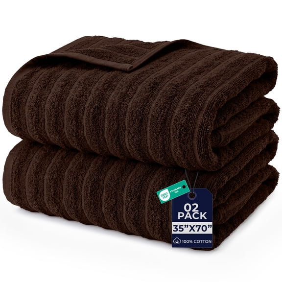 Dan River Bath Sheet Towels Performance Texture 2 pack 35x70 in XX-Large Ribbed Stripe Cotton Towel for Bath - Brown