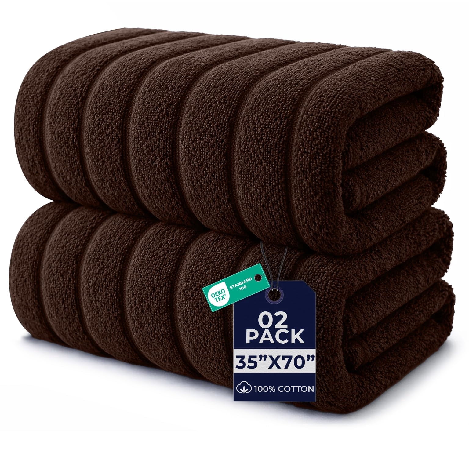 Dan River Bath Sheet Towels Performance Texture 2 pack 35x70 in XX-Large Ribbed Stripe Cotton Towel for Bath - Brown