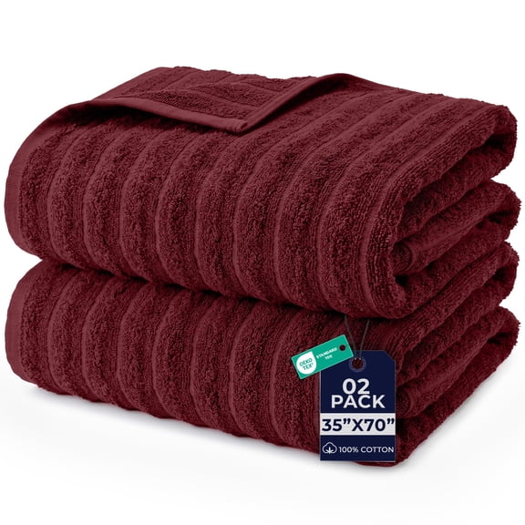 Dan River Bath Sheet Towels Performance Texture 2 pack 35x70 in XX-Large Ribbed Stripe Cotton Towel for Bath - Pomegranate