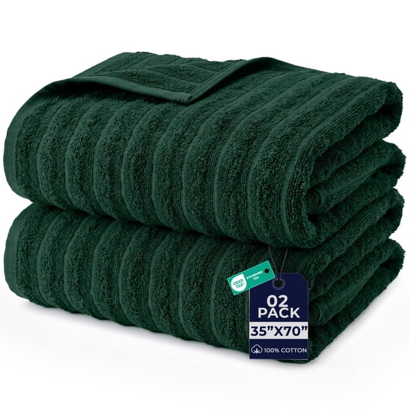 Dan River Bath Sheet Towels Performance Texture 2 pack 35x70 in XX-Large Ribbed Stripe Cotton Towel for Bath - Hunter Green