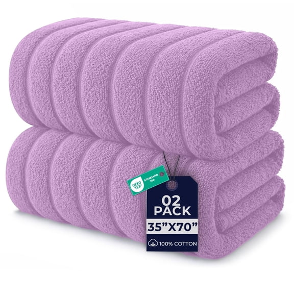 Dan River Bath Sheet Towels Performance Texture 2 pack 35x70 in XX-Large Ribbed Stripe Cotton Towel for Bath - Lavender