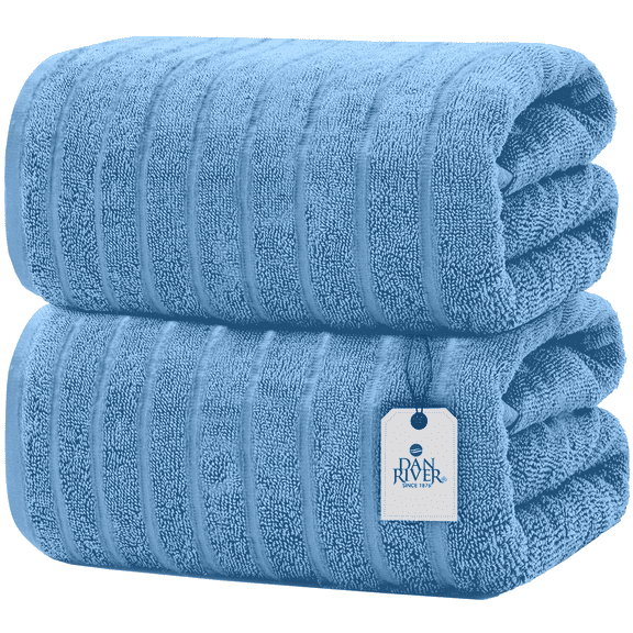 Dan River Bath Sheet Towels Performance Texture 2 pack 35x70 in XX-Large Ribbed Stripe Cotton Towel for Bath - Medium Blue
