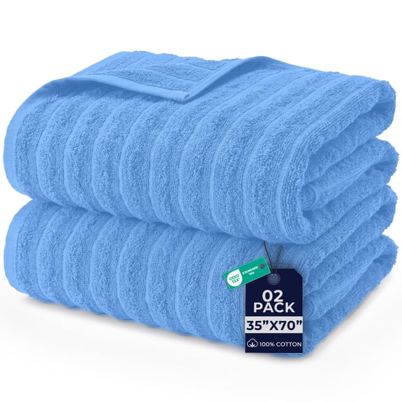 Dan River Bath Sheet Towels Performance Texture 2 pack 35x70 in XX-Large Ribbed Stripe Cotton Towel for Bath - Medium Blue