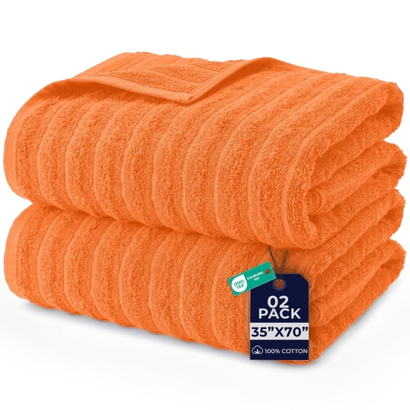 Dan River Bath Sheet Towels Performance Texture 2 pack 35x70 in XX-Large Ribbed Stripe Cotton Towel for Bath - Orange