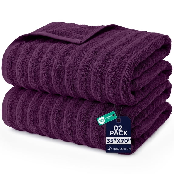 Dan River Bath Sheet Towels Performance Texture 2 pack 35x70 in XX-Large Ribbed Stripe Cotton Towel for Bath - Purple Passion