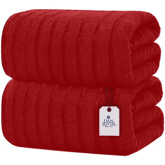 Dan River Bath Sheet Towels Performance Texture 2 pack 35x70 in XX-Large Ribbed Stripe Cotton Towel for Bath - Red