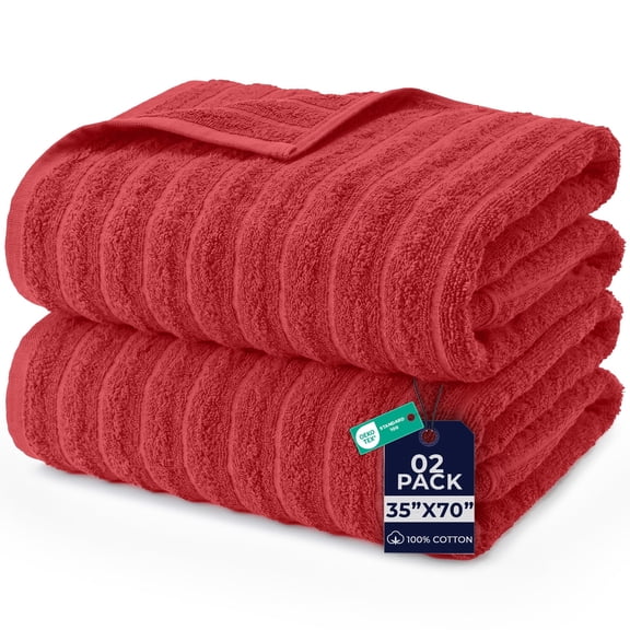 Dan River Bath Sheet Towels Performance Texture 2 pack 35x70 in XX-Large Ribbed Stripe Cotton Towel for Bath - Red