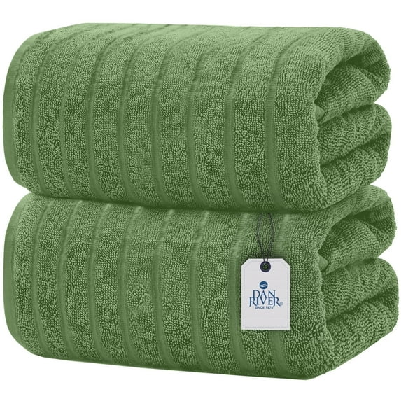 Dan River Bath Sheet Towels Performance Texture 2 pack 35x70 in XX-Large Ribbed Stripe Cotton Towel for Bath - Green