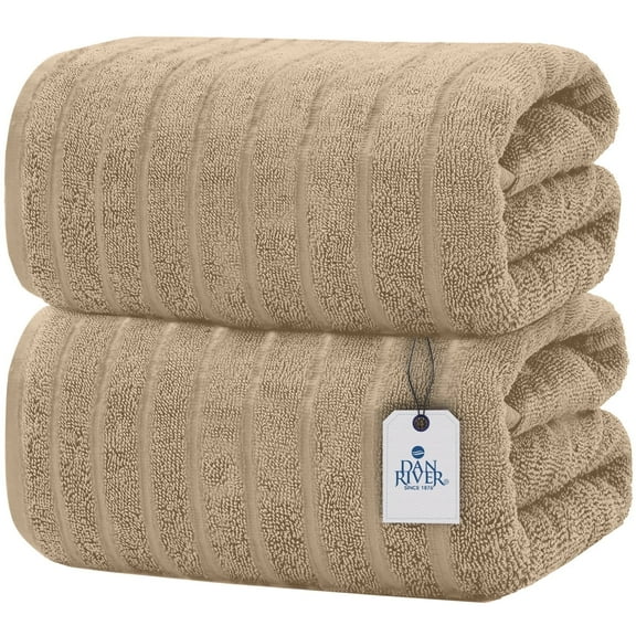 Dan River Bath Sheet Towels Performance Texture 2 pack 35x70 in XX-Large Ribbed Stripe Cotton Towel for Bath - Tan
