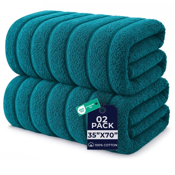 Dan River Bath Sheet Towels Performance Texture 2 pack 35x70 in XX-Large Ribbed Stripe Cotton Towel for Bath - Teal