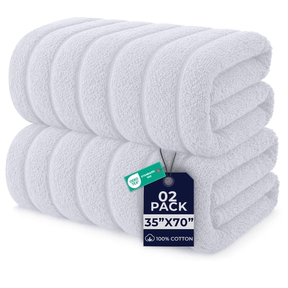 Dan River Bath Sheet Towels Performance Texture 2 pack 35x70 in XX-Large Ribbed Stripe Cotton Towel for Bath - White