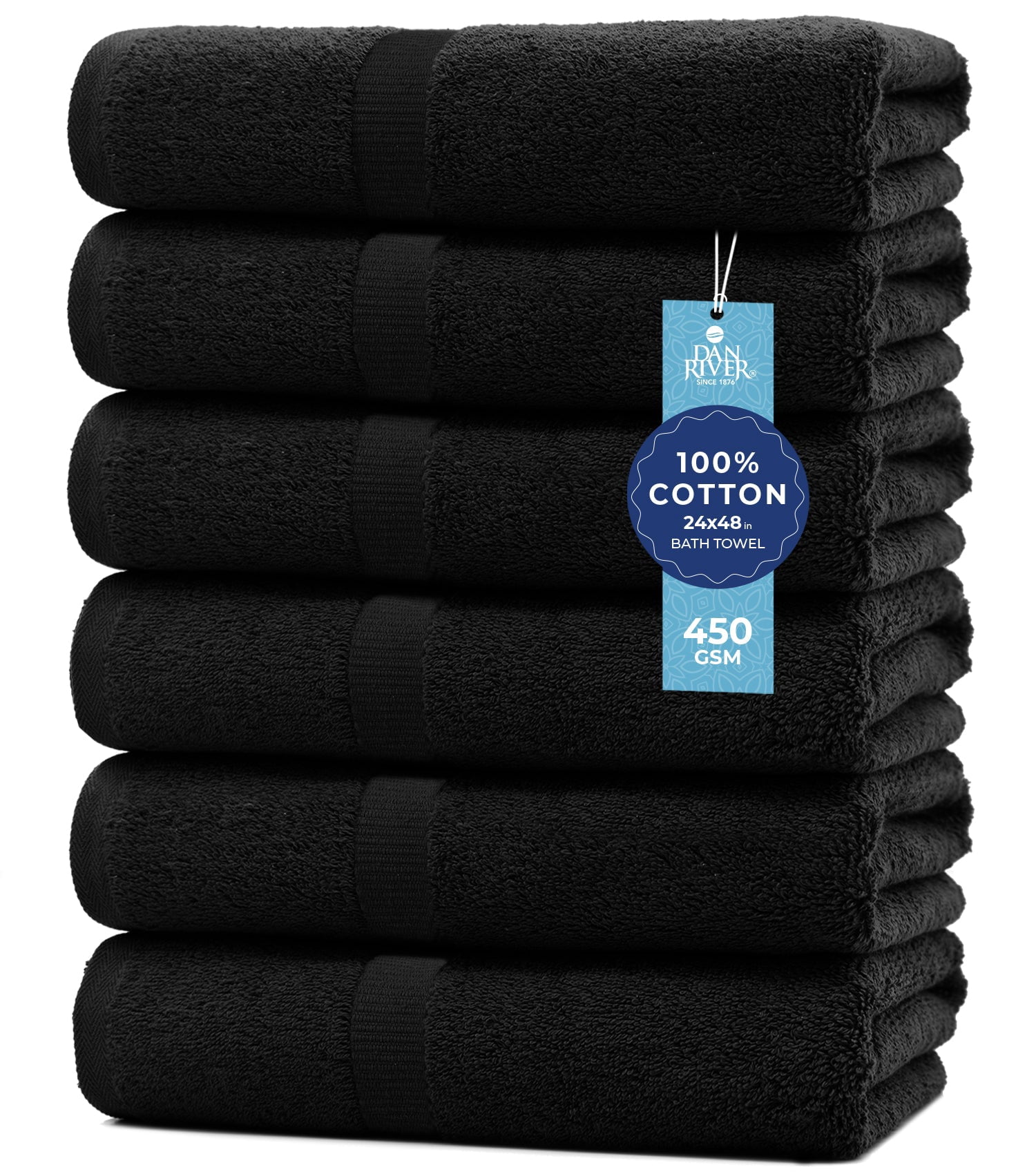 Dan River Bath Towel 6 pack 24x48 in Ultra Soft Quick Drying Cotton Towel - Black