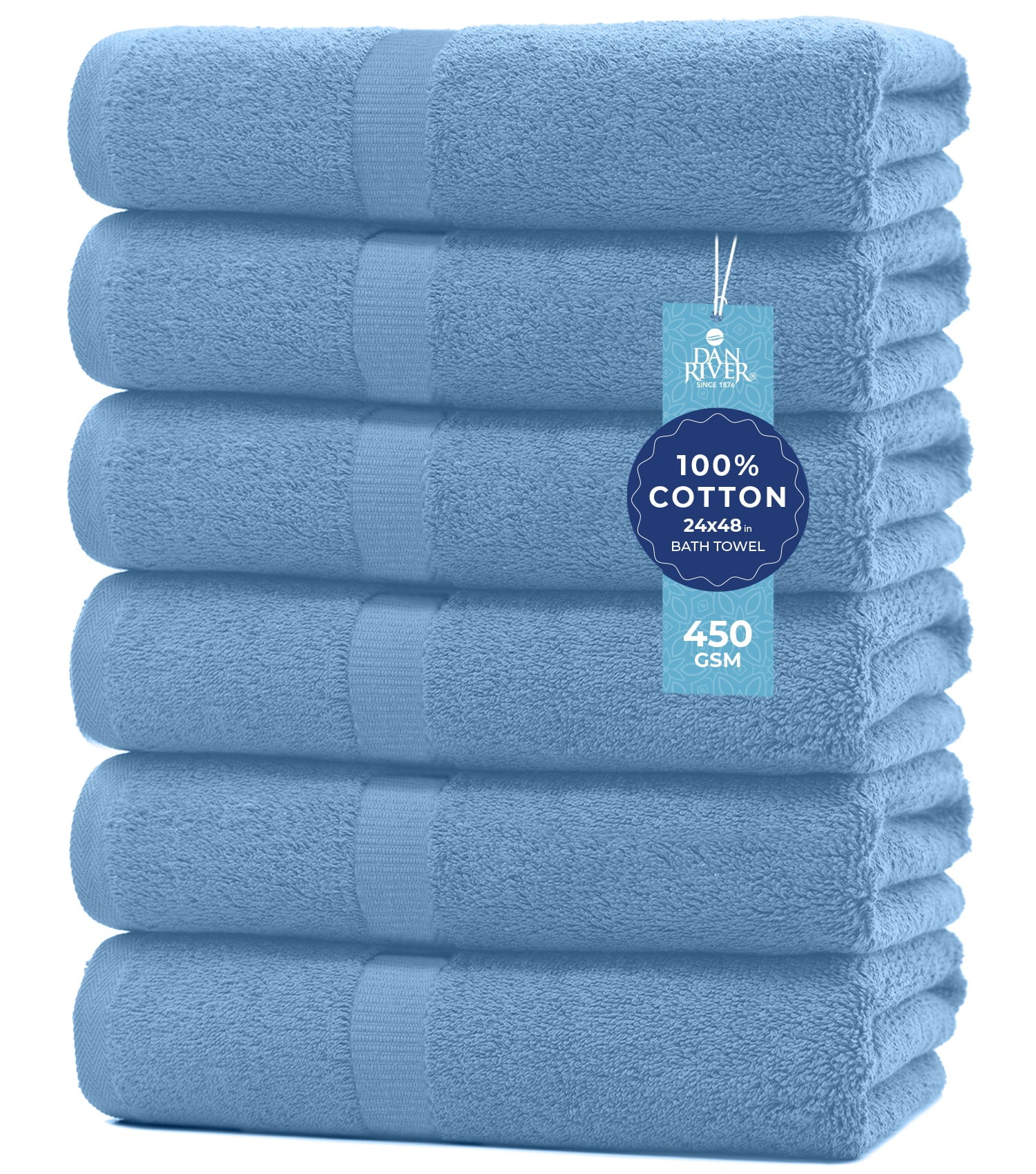 Dan River Bath Towel 6 pack 24x48 in Ultra Soft Quick Drying Cotton Towel - Medium Blue