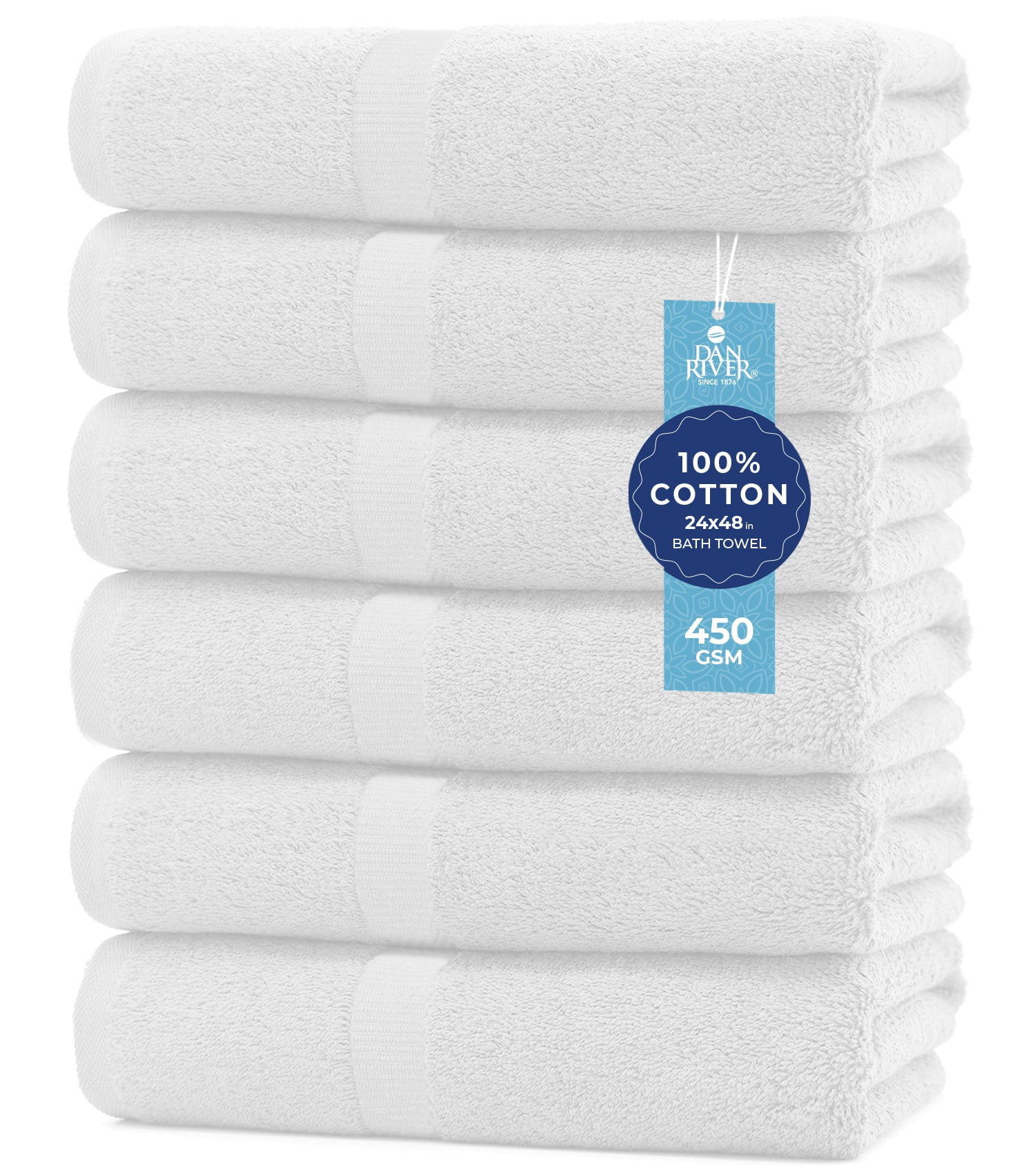 Dan River Bath Towel 6 pack 24x48 in Ultra Soft Quick Drying Cotton Towel - White