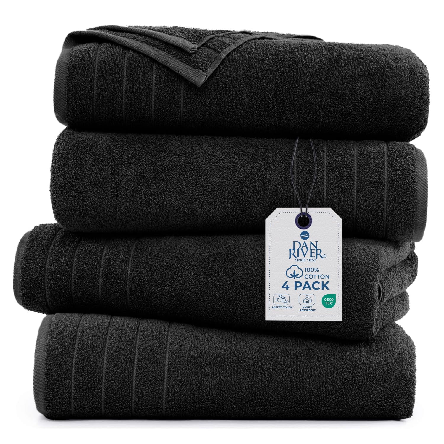 Dan River Bath Towel 30x60 pack of 4 Ultra Soft Quick Drying Large Cotton Towel - Black