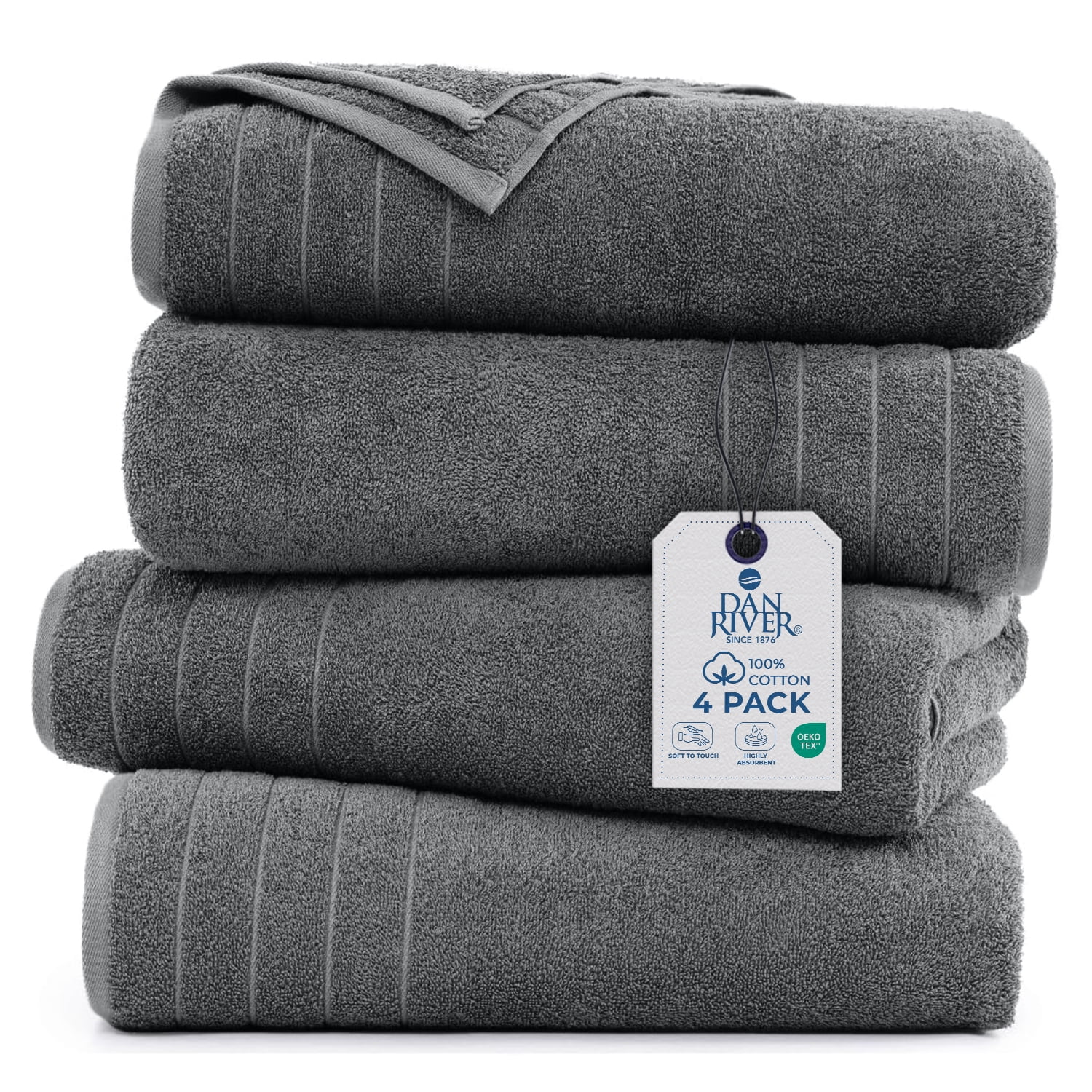 Dan River Bath Towel 30x60 pack of 4 Ultra Soft Quick Drying Large Cotton Towel - Gray