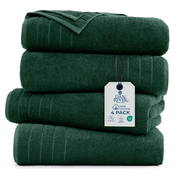 Dan River Bath Towel 30x60 pack of 4 Ultra Soft Quick Drying Large Cotton Towel - Huntergreen