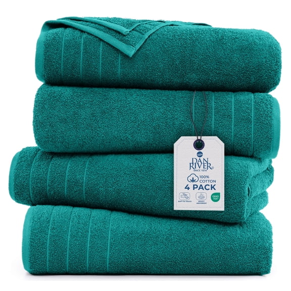 Dan River Bath Towel 30x60 pack of 4 Ultra Soft Quick Drying Large Cotton Towel - Teal