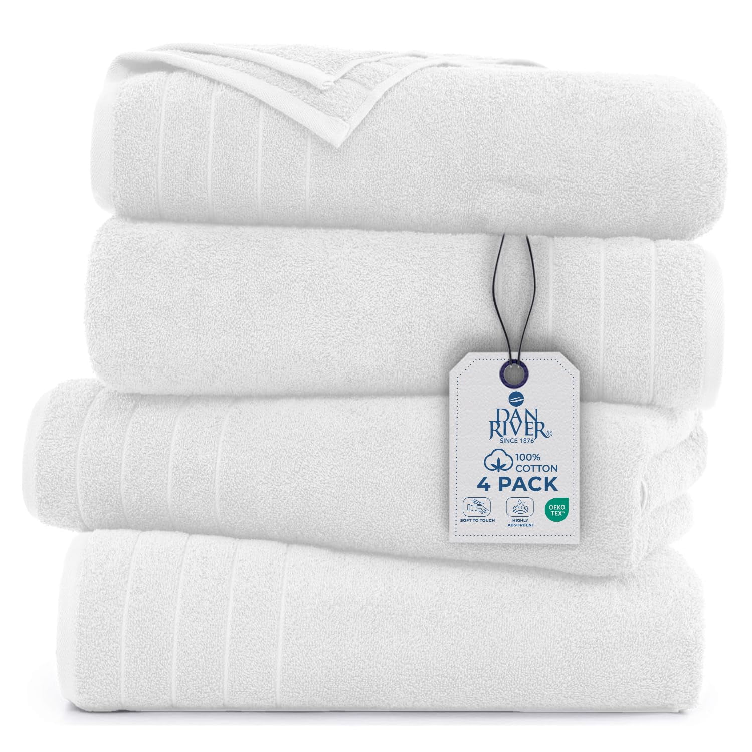 Dan River Bath Towel 30x60 pack of 4 Ultra Soft Quick Drying Large Cotton Towel - White