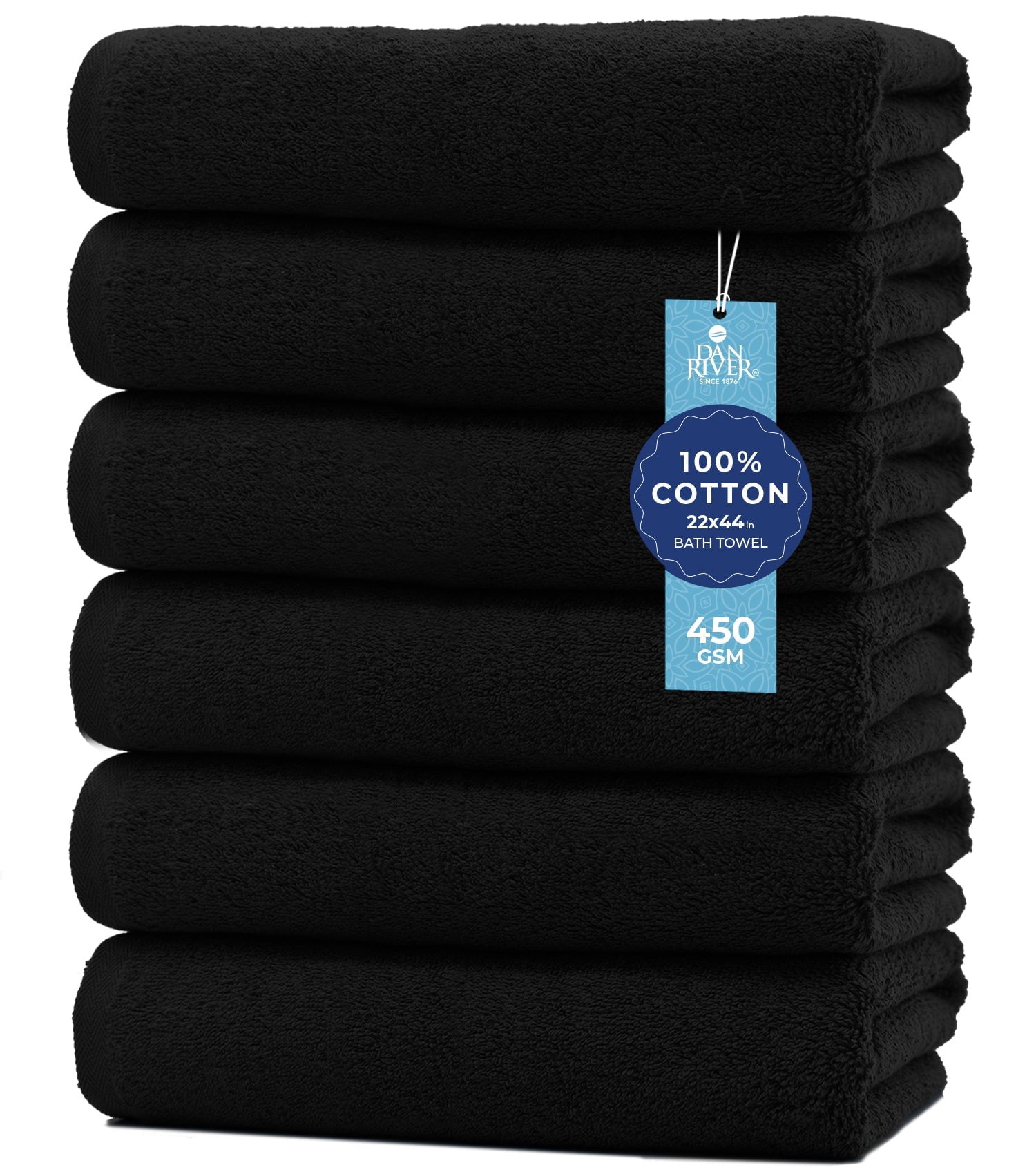 Dan River Bath Towel 6 pack 22x44 in Ultra Soft Quick Drying Cotton Towel - Black