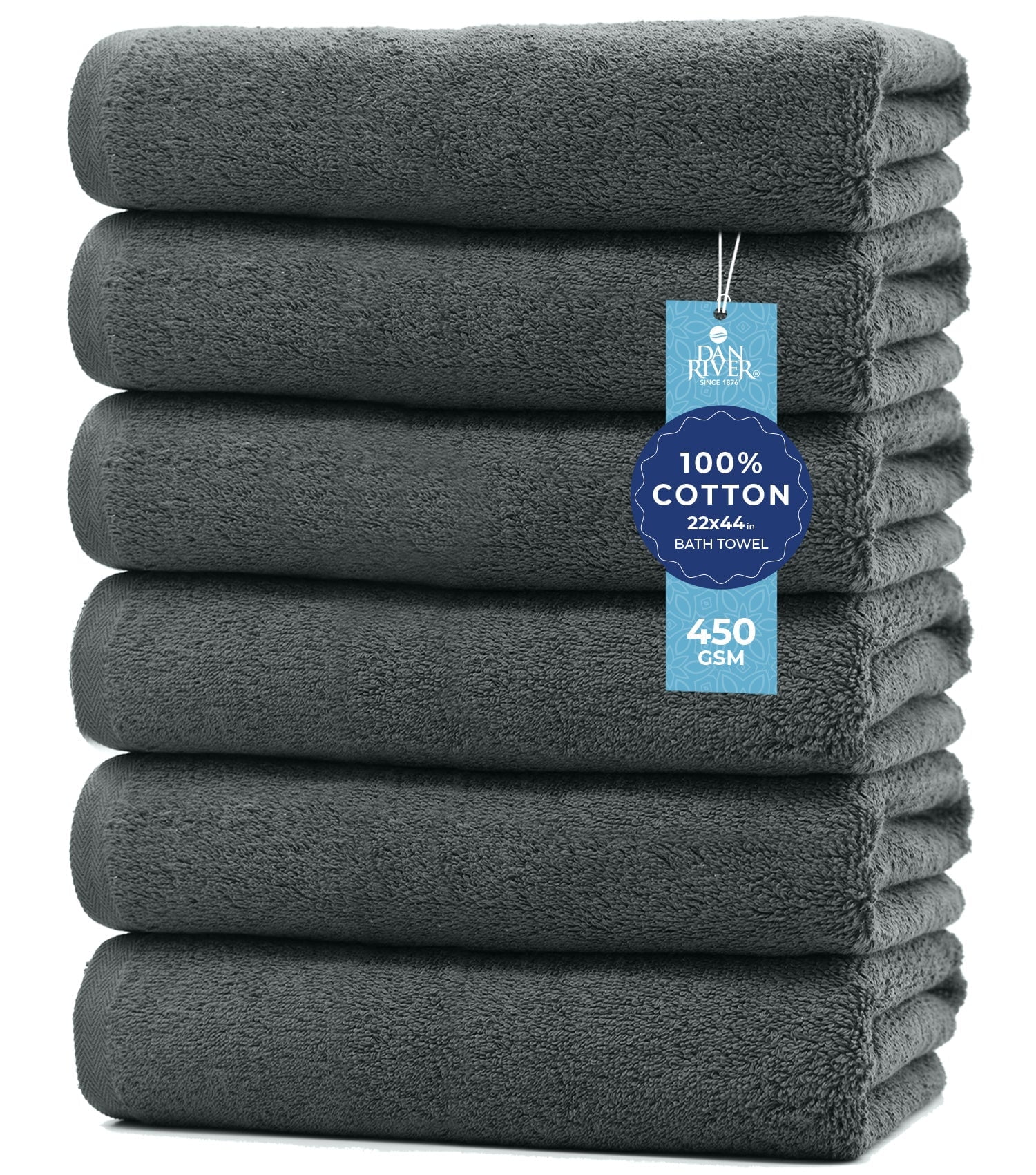 Dan River Bath Towel 6 pack 22x44 in Ultra Soft Quick Drying Cotton Towel - Gray