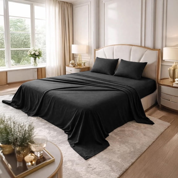 Dan River Bed Sheet Set King 4 Piece Black Breathable Soft Cotton Jersey Sheets with Deep Pockets, Unisex