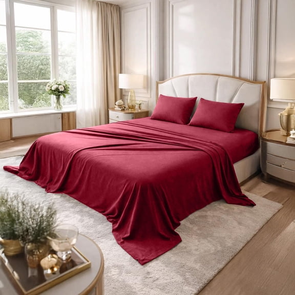 Dan River Bed Sheet Set Queen 4 Piece Burgundy Breathable Soft Cotton Jersey Sheets with Deep Pockets, Unisex