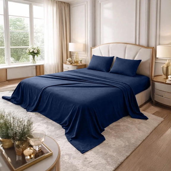 Dan River Bed Sheet Set Queen 4 Piece Navy Breathable Soft Cotton Jersey Sheets with Deep Pockets, Unisex