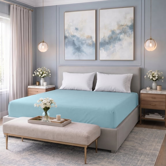 Dan River Full Fitted Bottom Sheet only Jersey Knit Cotton Soft Absorbent with Deep Pocket - Light Blue
