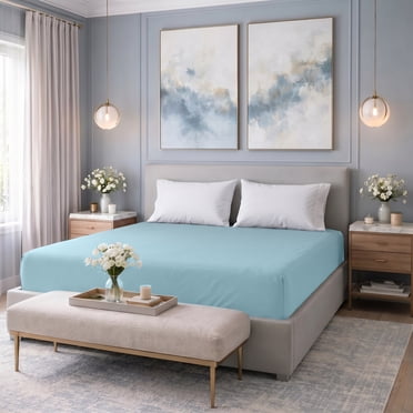 Dan River King Fitted Bottom Sheet only Jersey Knit Cotton Soft Absorbent with Deep Pocket - Light Blue