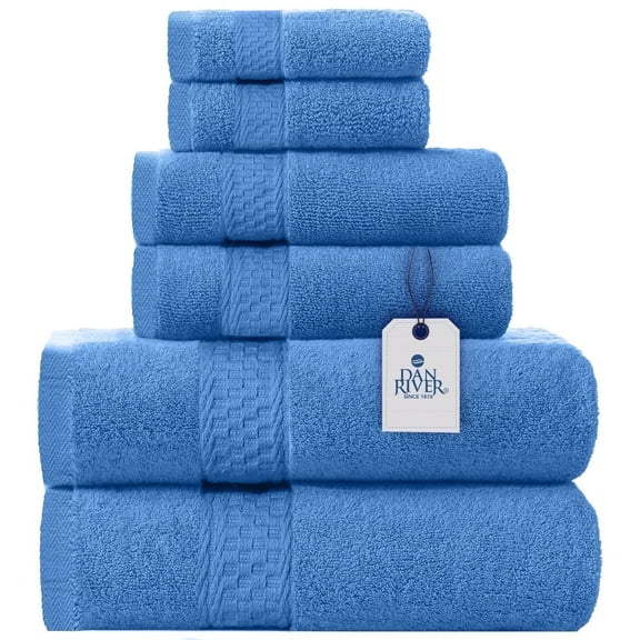 Dan River 6 Piece Towel Set Soft Quick Drying Cotton Bath Towel For Gym, Spa and Bathroom - Medium Blue