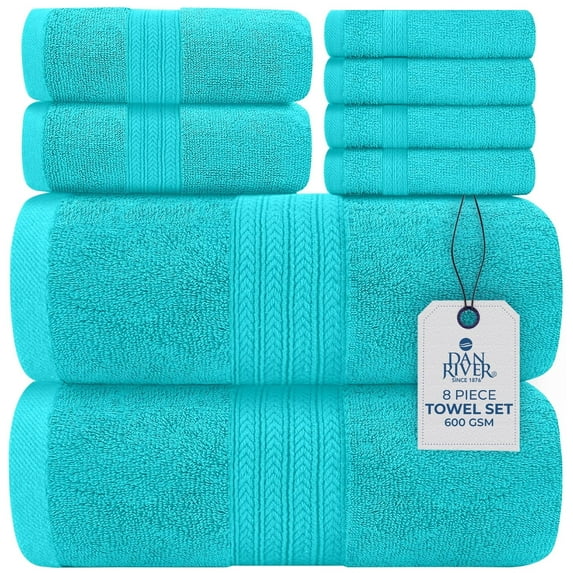 Dan River 8 Piece Towel Set Soft Quick Drying Cotton Bath Towel For Gym, Spa and Bathroom - Aqua